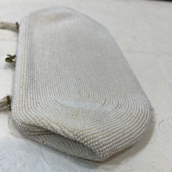 VTG Handmade White Pearl Beads Floral Pattern Kiss Lock Evening Purse Handbag - Picture 3 of 12